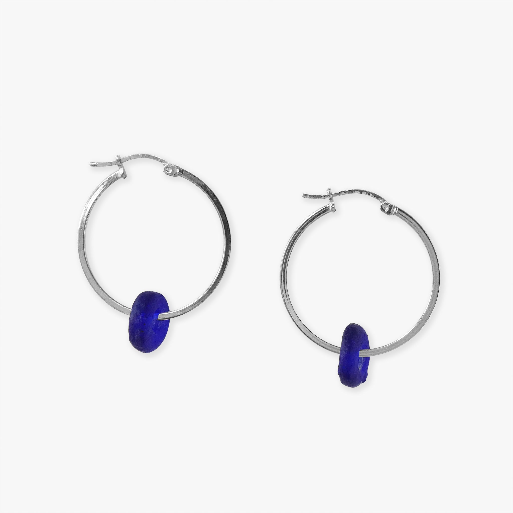 dantaban, silver hoop earrings, 30mm, dark blue